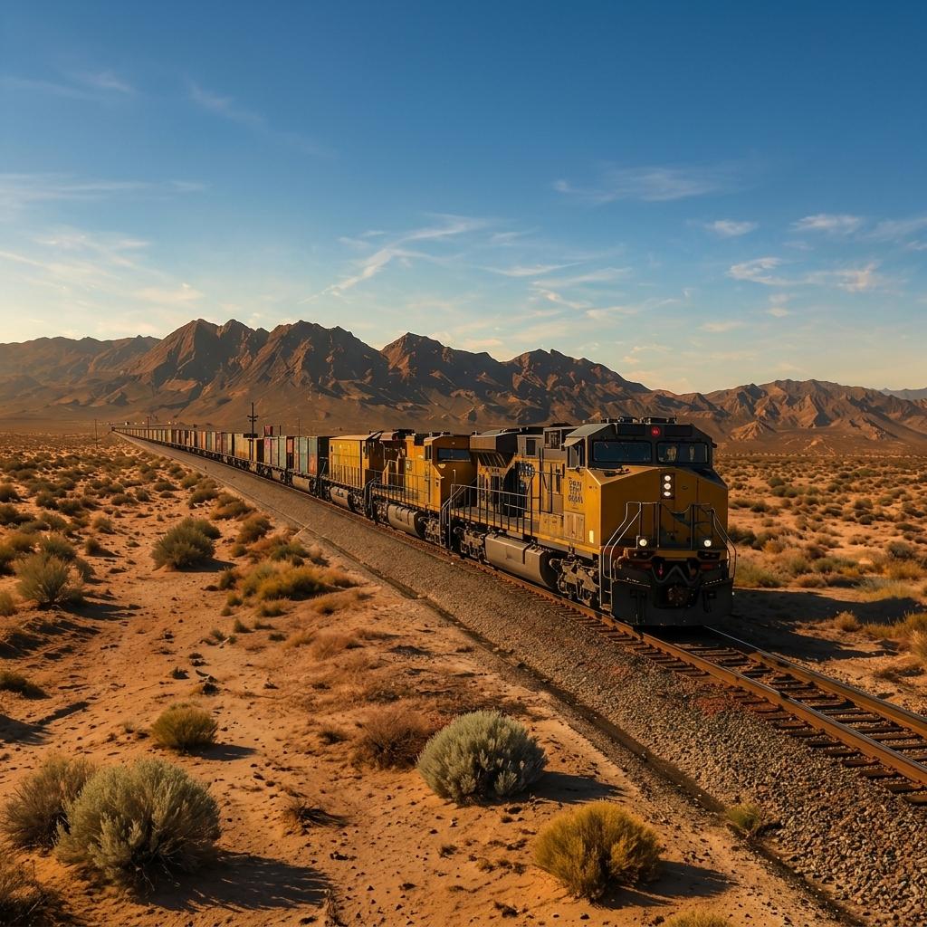 Freight train carrying heavy cargo through desert landscape