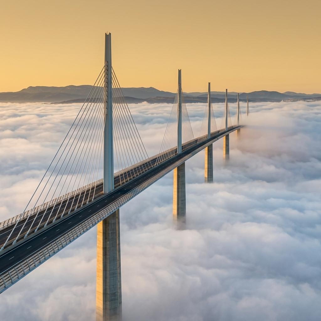 Cable-stayed bridge soaring above clouds at golden hour