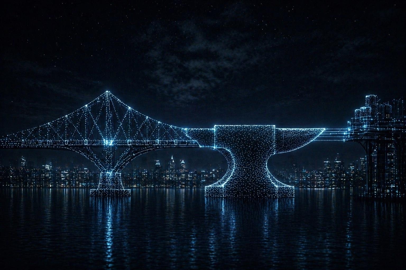 Blue points of light form a bridge and anvil reflected in dark water