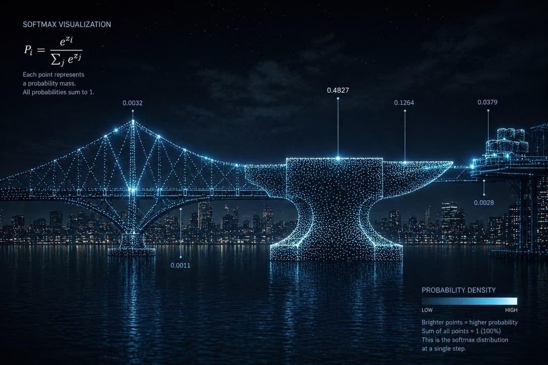 Bridge and anvil artwork with a softmax equation and probability legend